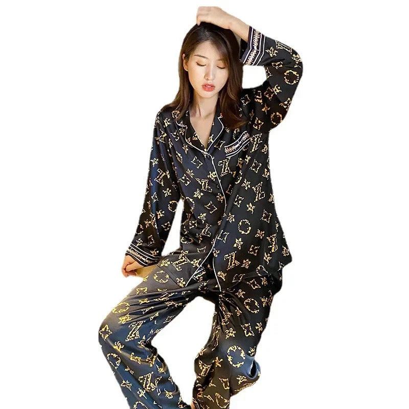 Large Size Pajamas Women Printed Girl Home Wear Two-Piece Cardigan Long-Sleeved Simple Wearable Ladies Sleepwear Loungewear