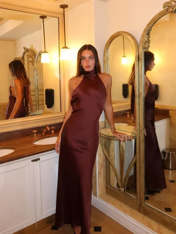 Elegant Brown Satin Halter Lace Up Long Dress Sexy Off Shoulder Backless Sleeveless Bodycon Dresses Autumn New Lady Party Robe