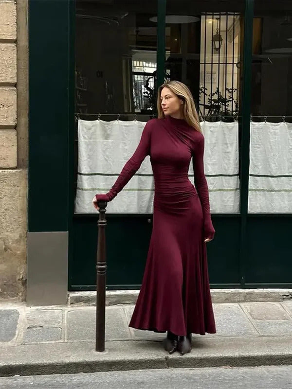 Fashion Long Sleeve Bodycon Pleated Maxi Dresses Elegant Dark Red High Necked Maxi Dress For Women Autumn New Street Vestidos