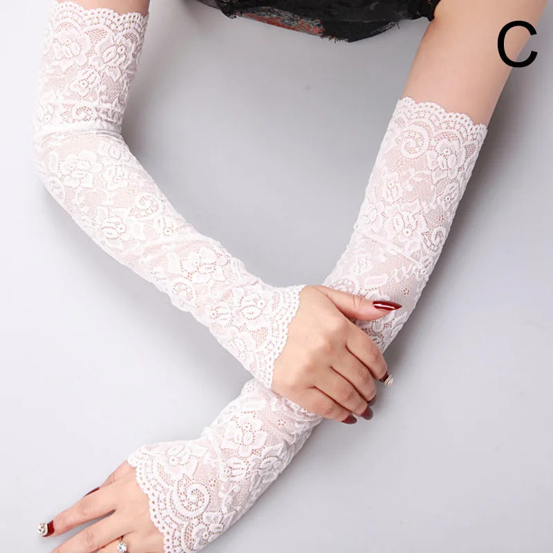 1 Pair Summer Women Sexy Lace Gloves Long Fingerless Mittens Ice Silk Sunscreen Arm Cover Elastic Sleeve Ladies Driving Gloves