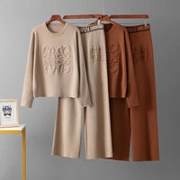 Letter Print Indentation Round Neck Long Sleeved Knitted Sweater Pullover Casual Wide Leg Pants Two-piece Set Women's Pants Set