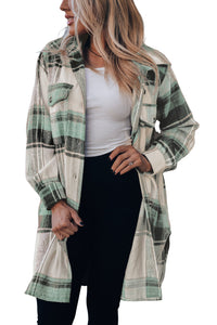 Brown Plaid Print Flap Pockets Long Shacket