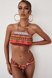 Fiery Red Tribal Print Halter Neck Cut-out Boho Swimwear