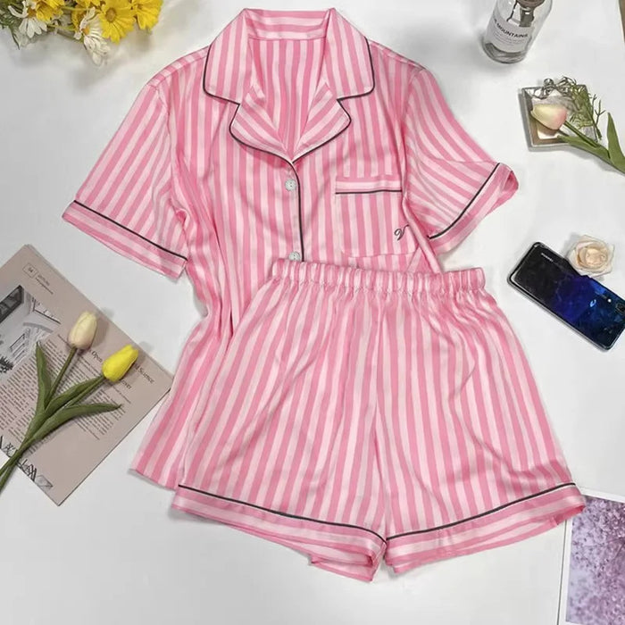 Large Size Women Pajamas Set Short-Sleeved Student Homewear Two-Piece Cardigan Lapel Senior Sense of Striped Short-Sleeved Short