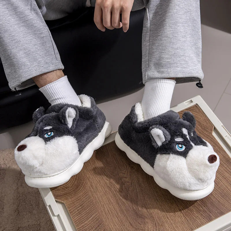 Women Indoor Cotton Slippers Cute Cartoon Dog Winter Warm Shoes Couples Home Floor Slides Anti-slip  Female Male House Footwear