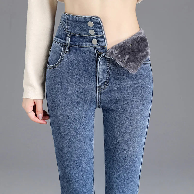 Thermal Winter Thick Fleece High-waist Warm Skinny Jeans Thick Women Stretch Button Pencil Pants Mom Casual Velvet Jeans