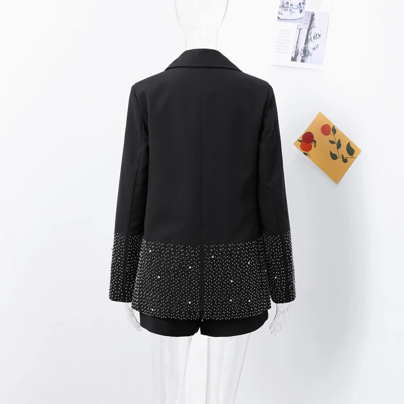 Fashion Rhinestone Blazer Shorts Sets Women Loose Lapel Full Sleeve Jacket Wide Leg Short Pants 2024 Autumn Lady Elegant Outfits