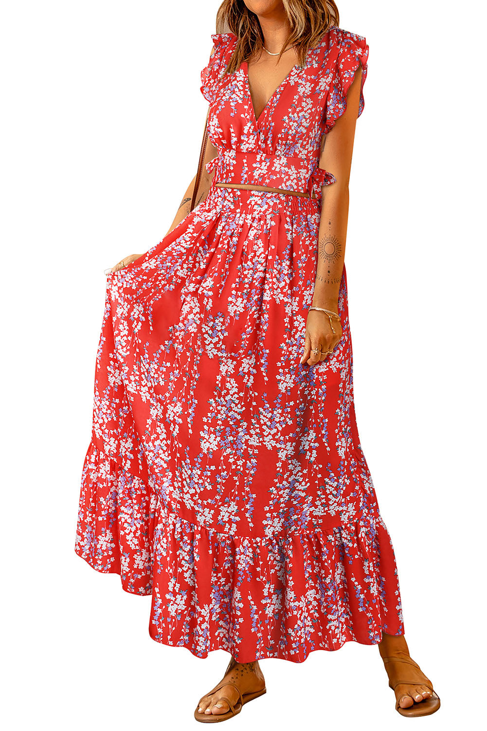 Women's Floral Ruffled Crop Top and Maxi Skirt Set for Fashionable and Fresh Style