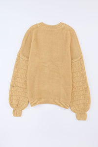 Khaki Hollowed Bubble Sleeve Knit Sweater