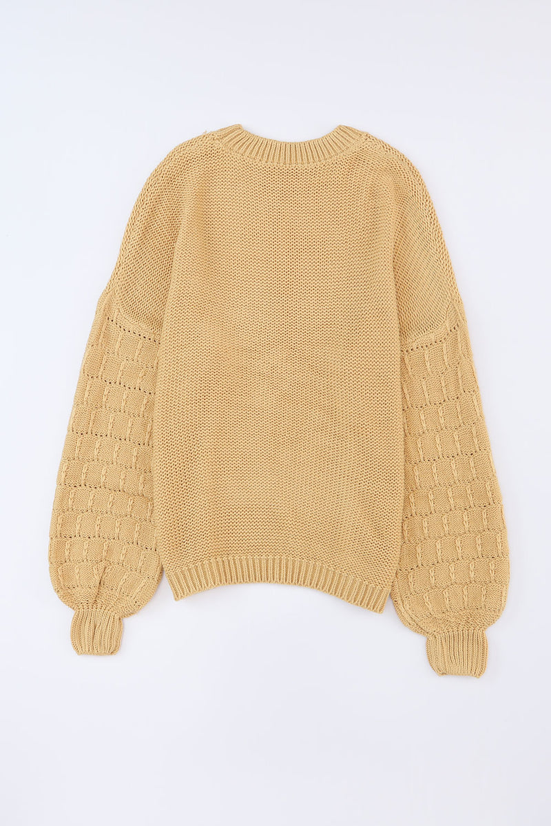 Khaki Hollowed Bubble Sleeve Knit Sweater