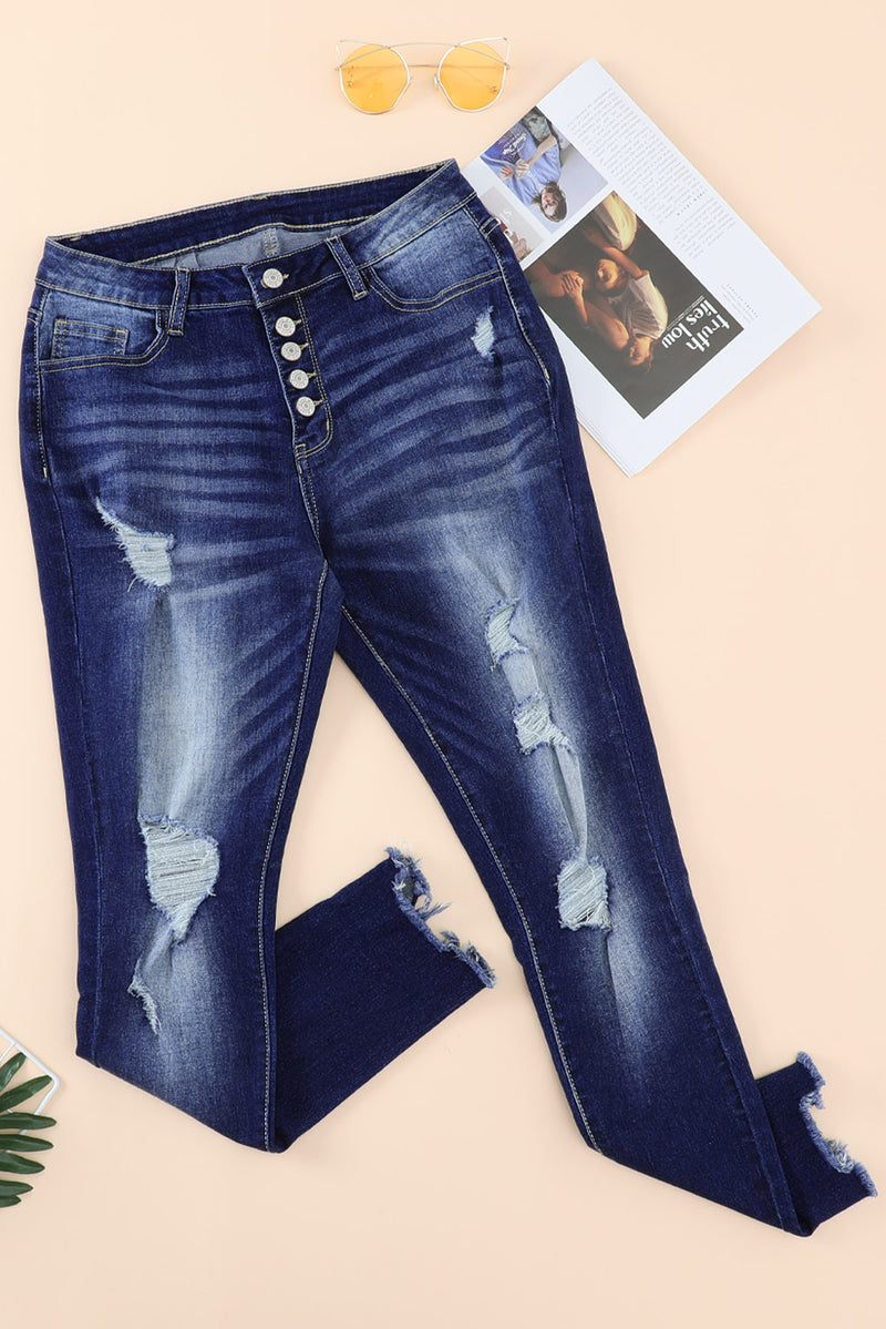 Blue High Rise Button Front Frayed Ankle Skinny Jeans