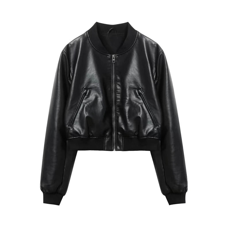 Women's Street fashion Faux Leather Bomber Jacket Stand Collar Black Short Leather Coat