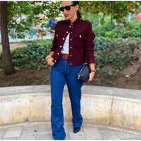 Elegant Women's Burgundy Cropped Jacket Female Stand Collar Single Breasted Full Sleeve Pocket Coat 2024 Autumn Lady Outwear New