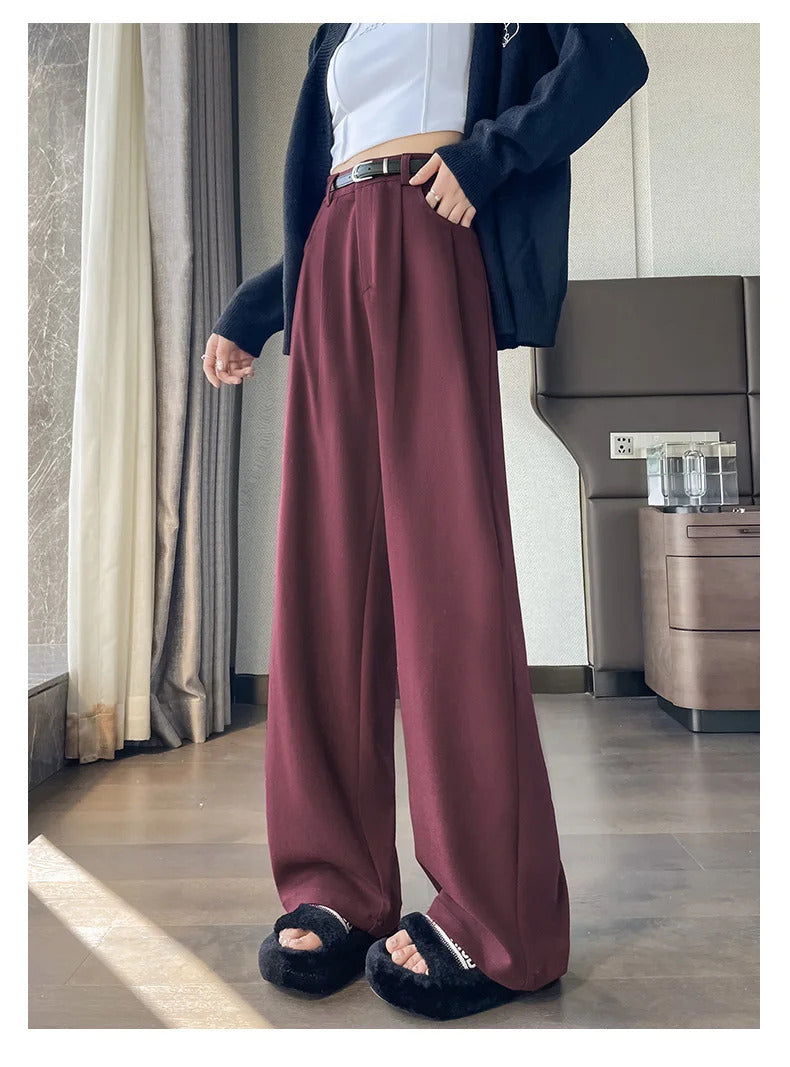 Autumn Winter Woolen Women's Wide Leg Pants 2024 New High Waist Button Korean Solid Vintage Casual Loose Full Trousers Female