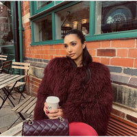 Retro Burgundy Tassels  Faux Fur Long Sleeves Short Coat Elegant Loose Turn-down Collar Jacket 2024 New Woman High Street Coats