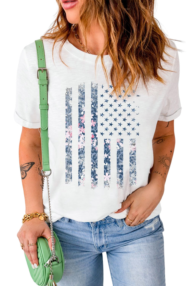 White Floral American Flag Graphic Tee