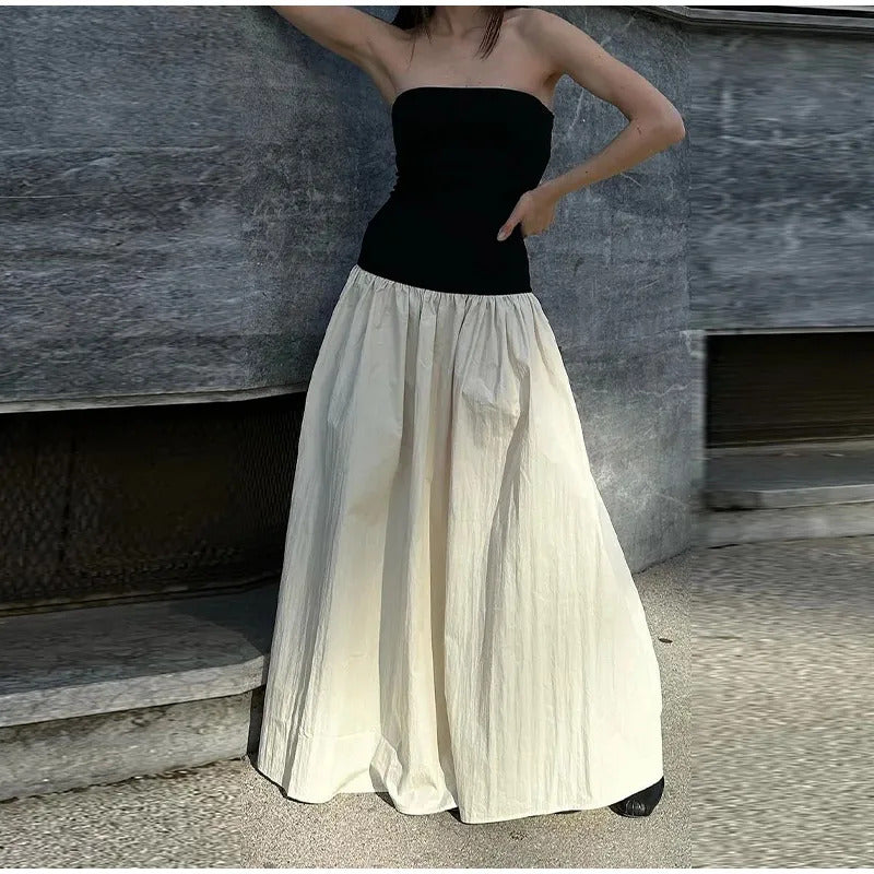 Elegant Patchwork Backless Shawl Women's Dress Fashion Loose Chic Sleeveless Pleated Hem Long Skirt 2025 Lady Party Robe New