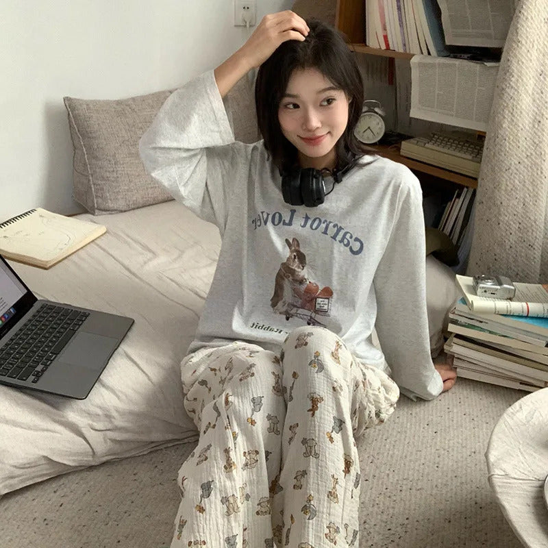 Spring and Autumn New Ladies Ins Style Pajamas Homewear Set Girls Students Korean Sweet Pajamas Loose Pajamas Homewear Set