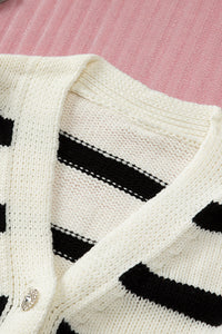 Striped V-Neck Buttoned Open Front Knitted Sweater