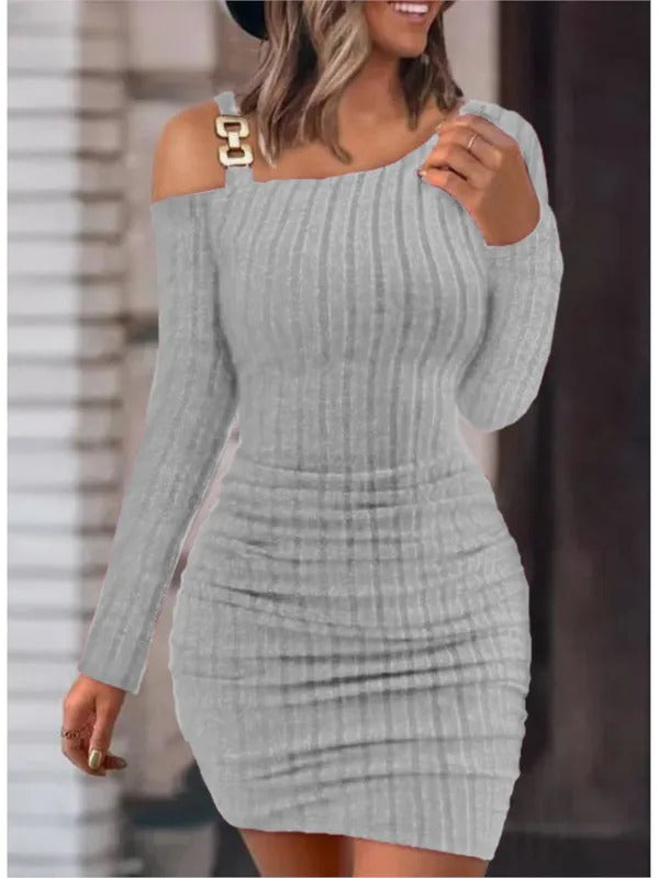 Sexy Chain Off Shoulder Mini Dress Women Autumn Fashion Bodycon Long Sleeve Dresses For Women Winter Skinny Knitted Vestidaos