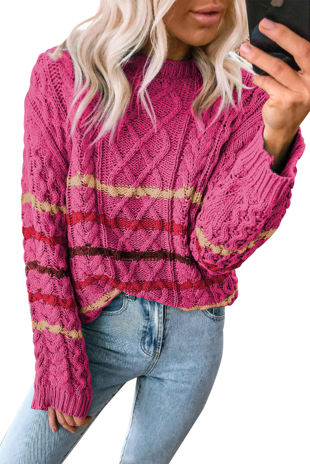 Rose Striped Color Block Textured Knit Pullover Sweater