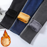 Women Thermal Skinny Jeans Mom Winter Warm Plush Stretch Jeans Lady Fleece Snow Denim Pants Student Pencil Straight Leg Trousers