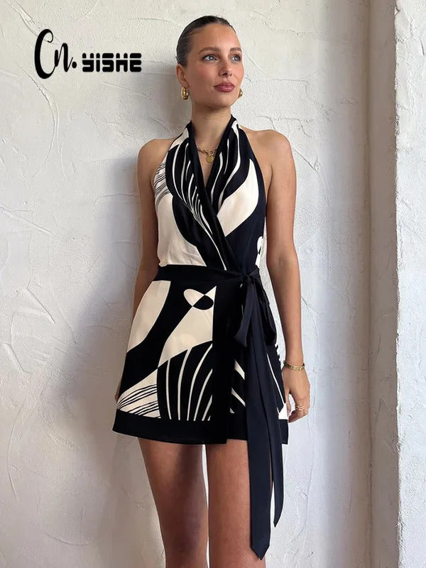 CNYISHE Sexy Club Print A-Line Dresses Women Fashion Halter Lace-Up Backless V-neck Slim Sheath Sleeveless Vestidos Robe Bodycon