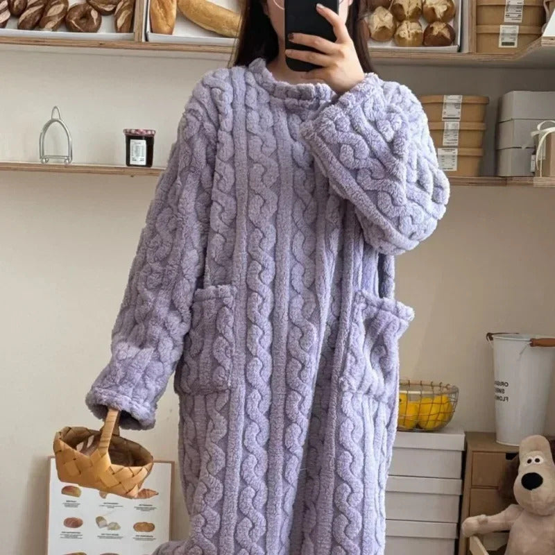 Winter Long Sleeve Double Pocket Flannel Nightgowns Women Loose Solid Sleepwear Jacquard Night Dress Thickened Warm Nightdress