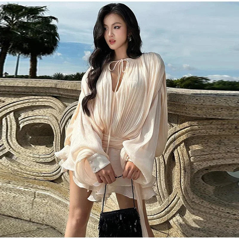 Ruffles Lace Up Women Dress Long Sleeve Pleated Female Mini Dresses 2025 Elegant Spring Summer Street V Neck Loose Lady Robe