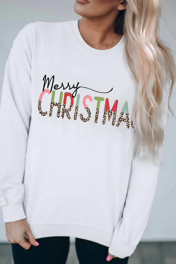 White Merry Christmas Leopard Print Long Sleeve Sweatshirt