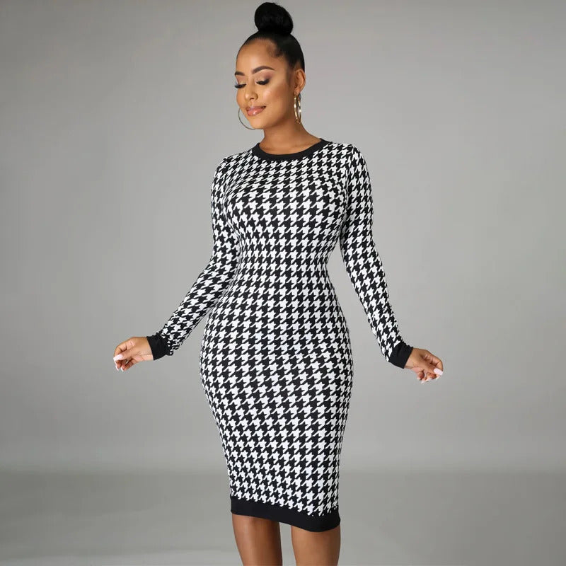 Houndstooth Print Women Long Sleeve Midi Dress Hollow Out Bodycon Sexy Streetwear 2022 Autumn Winter Club Elegant Slim