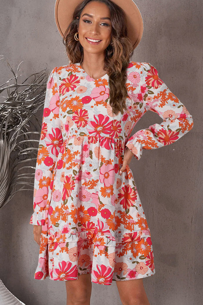 Multicolor Floral V Neck Long Sleeve Skater Dress