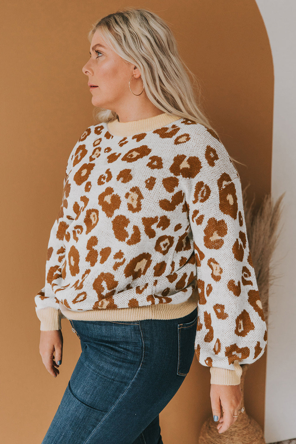 Leopard Plus Size Ribbed Hem Leopard Sweater