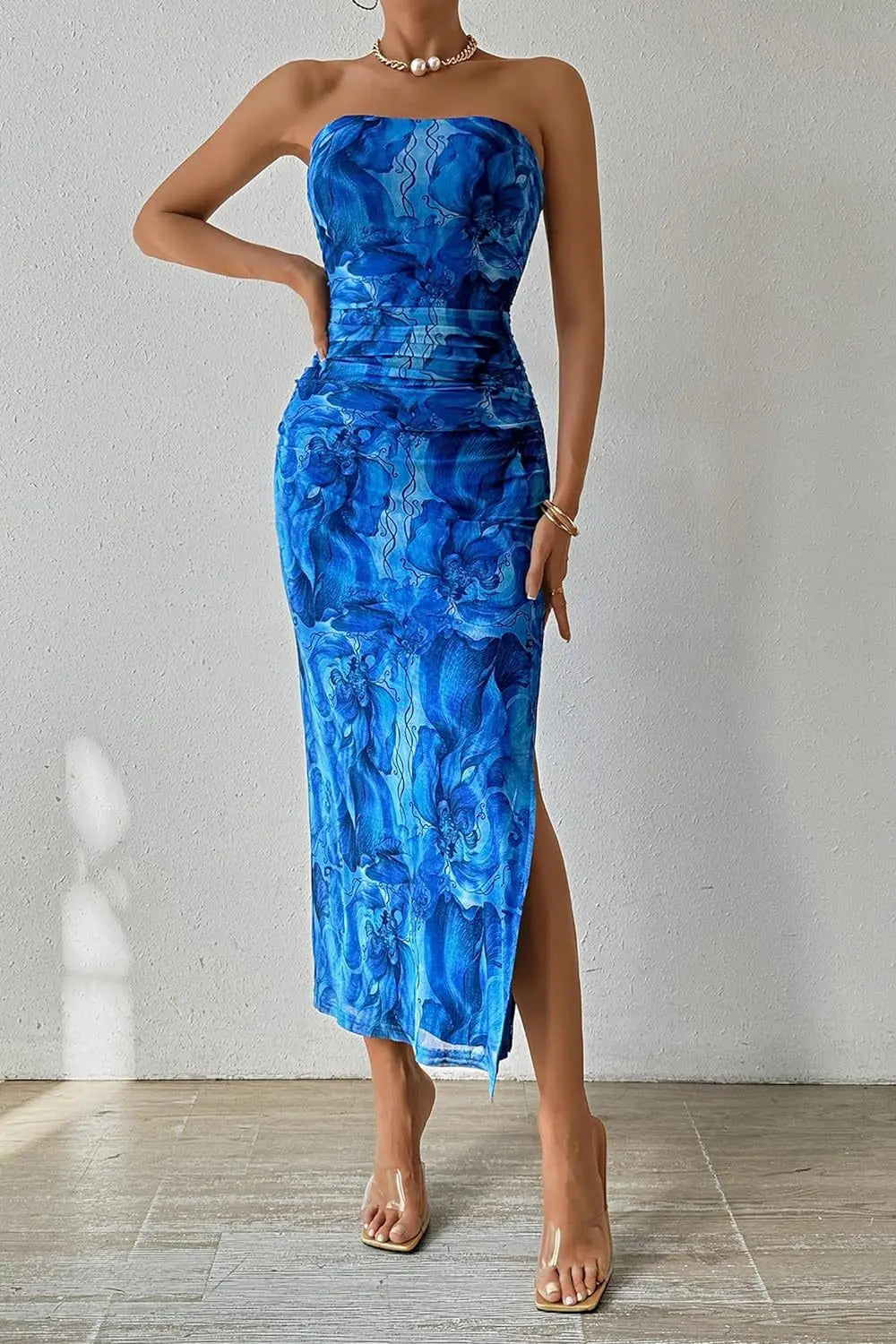 Summer Women Sexy Chestless Hem Slit Sleeveless Printed Dress