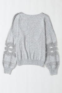 Gray Hollowed Lace Splicing V Neck Loose Sweater