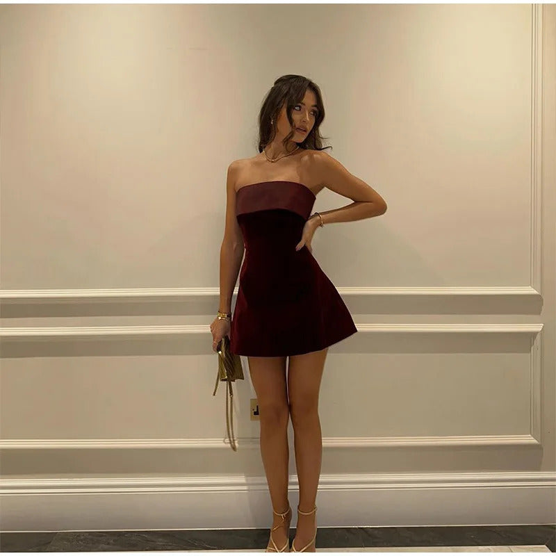 Elegant Burgundy Slash Neck Women Slim Dress Sexy Sleeveless Backless A-line Mini Dresses Retro Women Evening Club Party Vestido