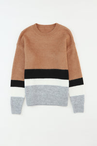 Brown Color Block Striped Ribbed Knit Sweater