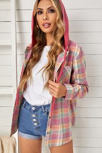 Red Drawstring Plaid Hooded Shacket