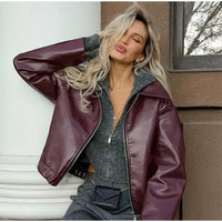 Elegant Burgundy Faux Leather Jackets Women Fashion Lapel Zipper Long Sleeve Female Coats 2024 Autumn Winter Lady Street Outwear