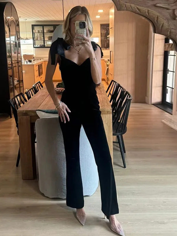 Velvet Jumpsuits Women Casual Slim Sleeveless Lace Up Backless Siamese Female Fashion Chic High Waist Solid Streetwears Lady