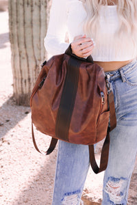 Brown Retro Faux Leather Multi-Functional Zipper Backpack