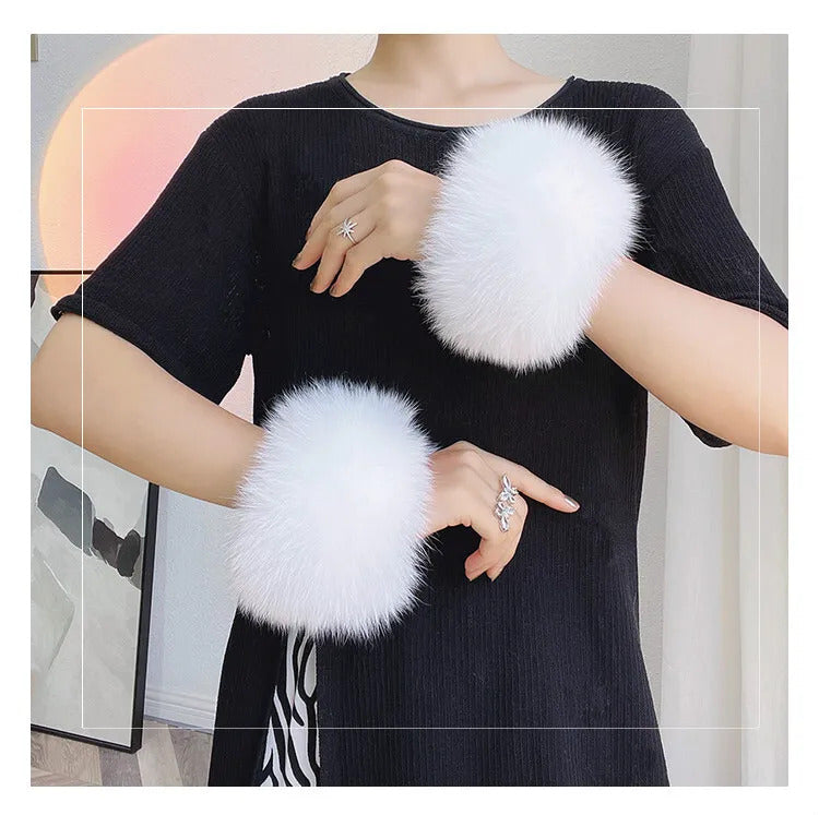 Natural Fox Fur Cuffs Wrist Arm Warmer Women Jacket Coat Sleeve Fur Triming Ladies Bracelet Real Fur Wristand Glove Snap Ring