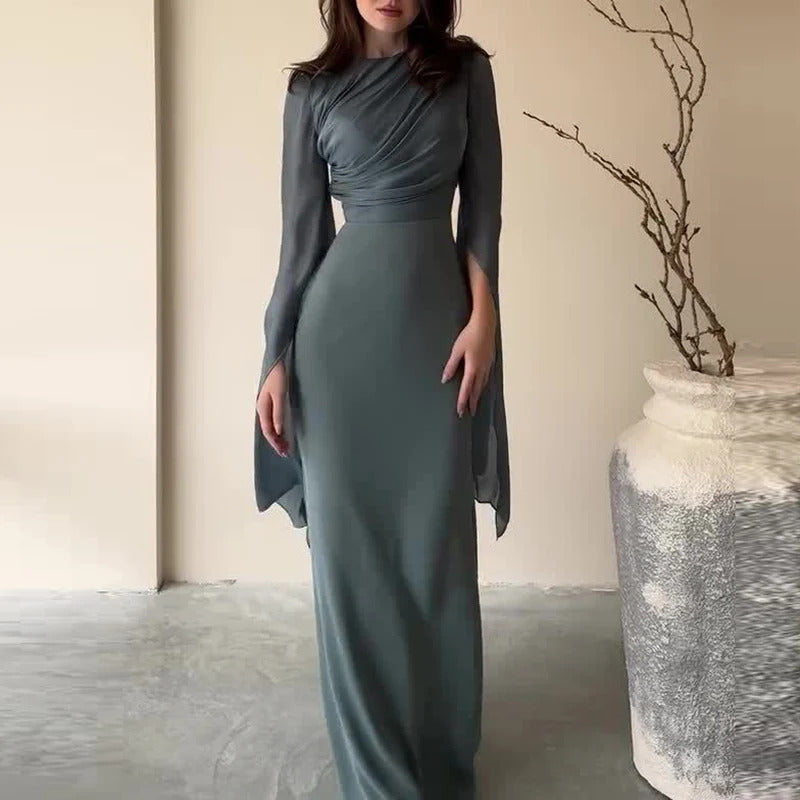 Fashion Satin Solid Robe Dress Ladies Temperament O-neck Slim Evening Dress Elegant Batwing Sleeves High Waist Pleats Long Dress