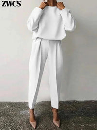 Loose Solid Top Pants Set Women Casual O-neck Full Sleeve Pullover Pleated Long Trousers 2025 New Female Chic 2 Piece Outfits