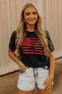 Black Glitter American Flag Round Neck Graphic T Shirt