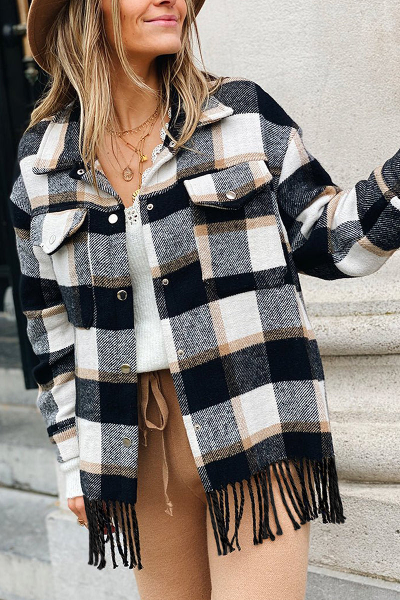 Medium Grey Plaid Snap Button Pocket Fringed Hem Jacket