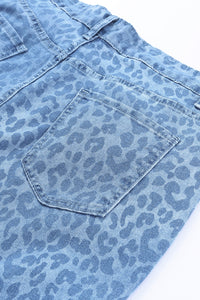 Sky Blue Leopard Print Raw Hem High Waist Flare Jeans