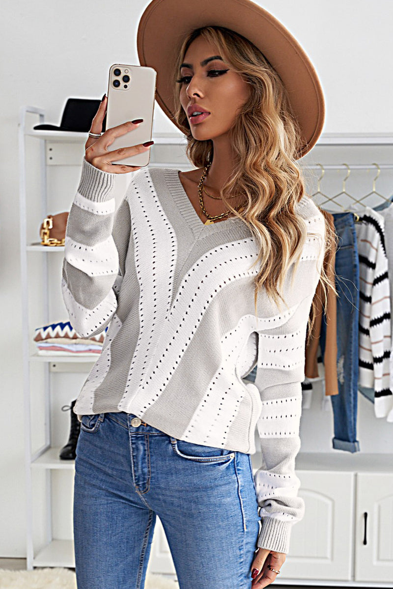 Gray Striped Colorblock V Neck Knitted Sweater