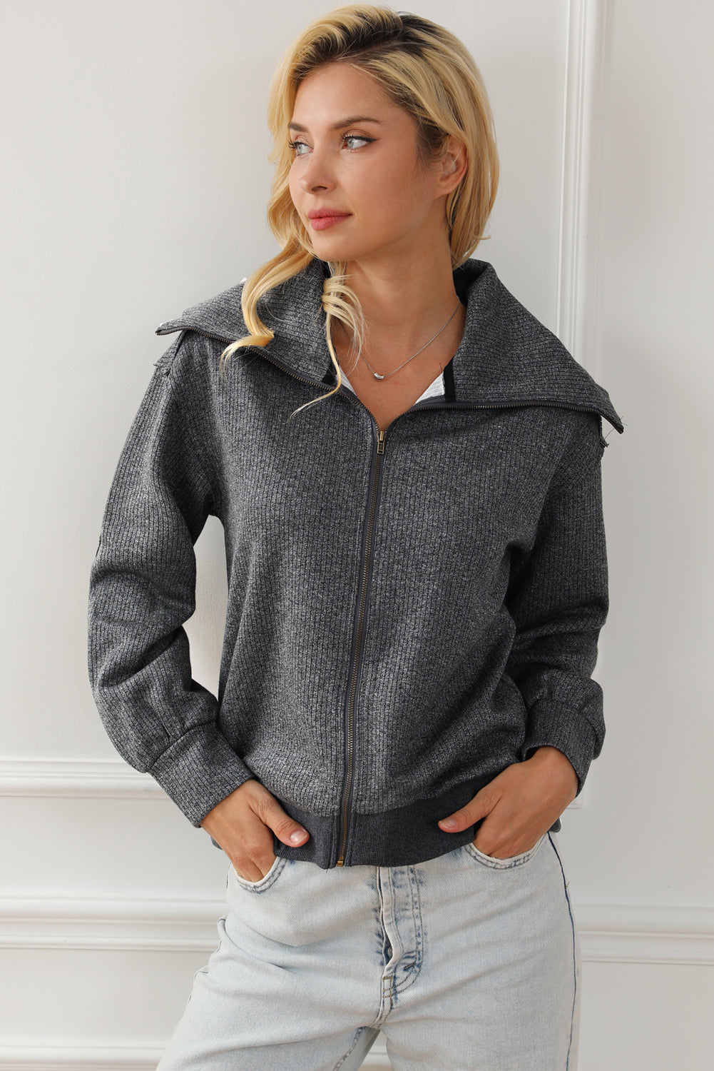 Gray Zip Front Cape Knit Jacket