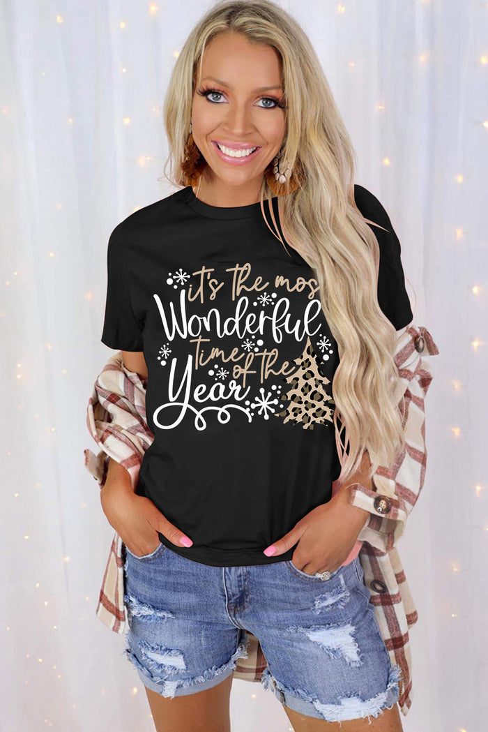 Black Wonderful Christmas Season Leopard Graphic Tee